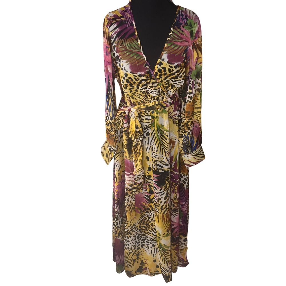 Spy Zone Exchange Tropical Leopard Floral Wrap Maxi Dress Long Sleeve Yellow SzS